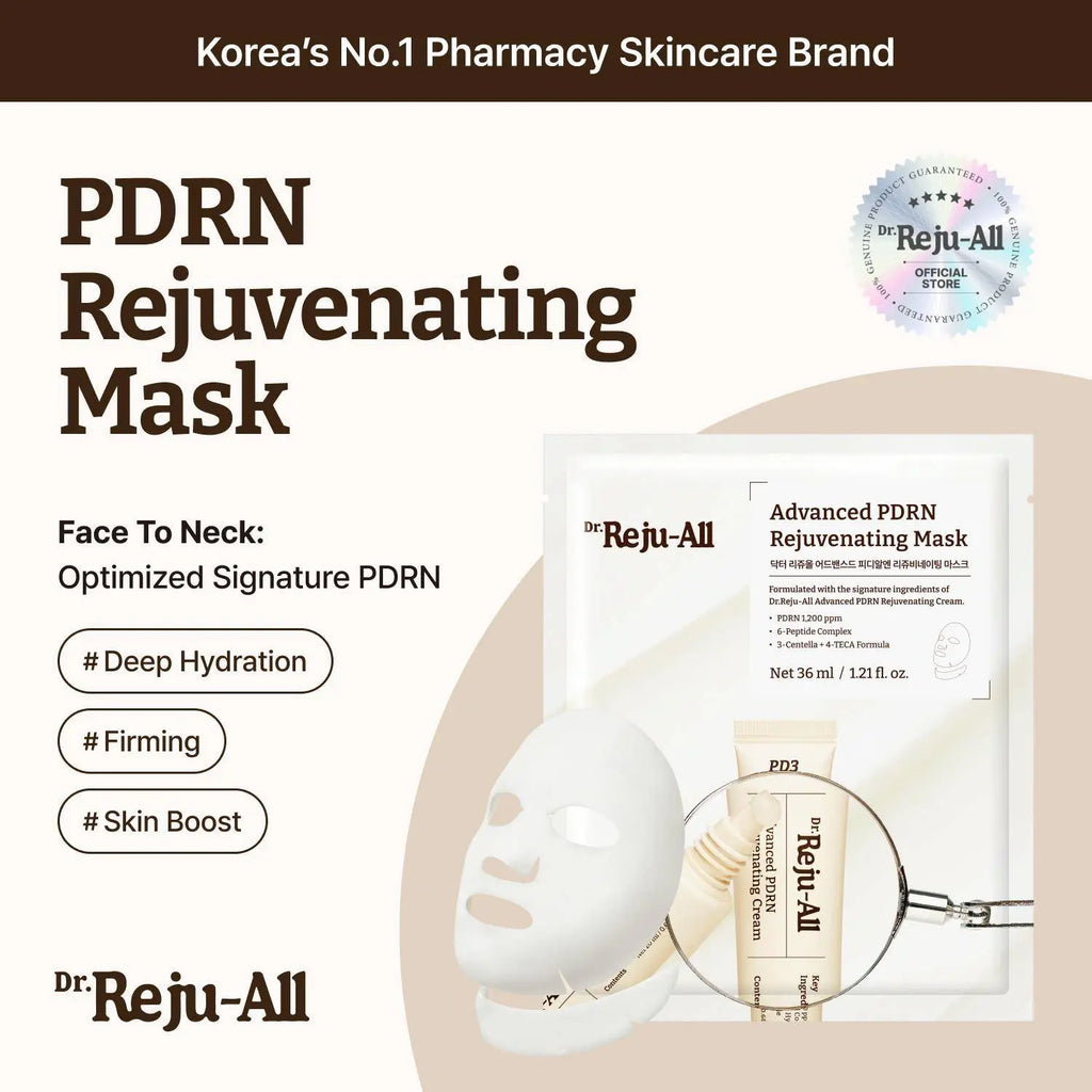 [Official Store] Dr.Reju-All Advanced PDRN Rejuvenating Mask - Face & Neck Korean Sheet Mask with 1,200 Ppm PDRN, Collagen & Copper Peptides - Hydrating & Soothing, Skin Repair (1.2 Fl Oz X 4EA)