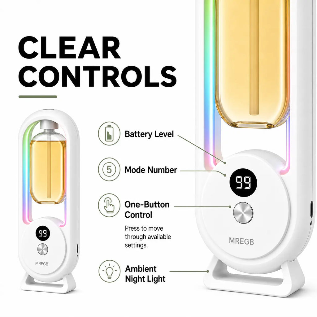 MREGB Smart Essential Oil Diffuser Wall Mounted Automatic Fragrance Machine Home Room Deodorizer Aroma Scent Diffuser with Atmosphere Light USB Powered Hotel Spray Perfume Dispenser Bathroom Odor Eliminator 5-Speed Digital Display Summervibes