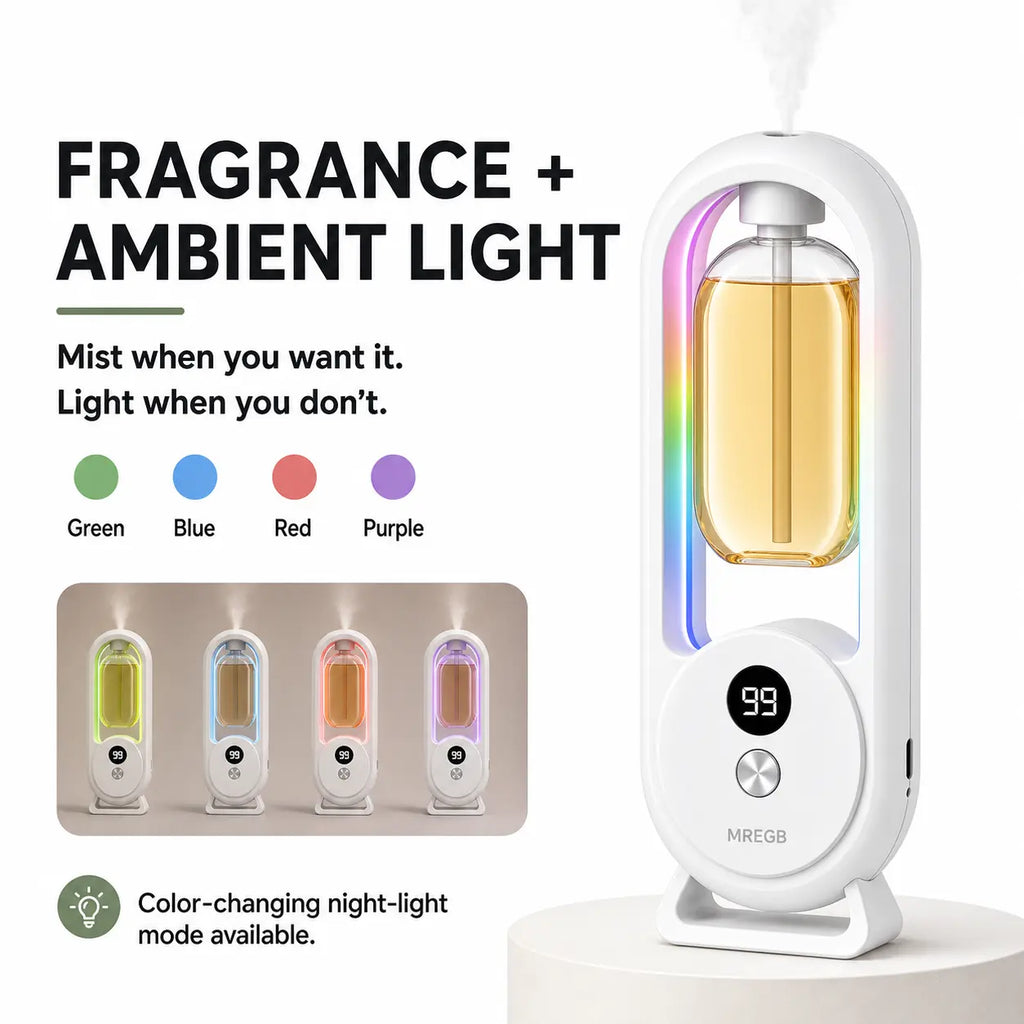 MREGB Smart Essential Oil Diffuser Wall Mounted Automatic Fragrance Machine Home Room Deodorizer Aroma Scent Diffuser with Atmosphere Light USB Powered Hotel Spray Perfume Dispenser Bathroom Odor Eliminator 5-Speed Digital Display Summervibes