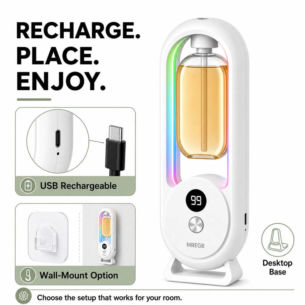 MREGB Smart Essential Oil Diffuser Wall Mounted Automatic Fragrance Machine Home Room Deodorizer Aroma Scent Diffuser with Atmosphere Light USB Powered Hotel Spray Perfume Dispenser Bathroom Odor Eliminator 5-Speed Digital Display Summervibes