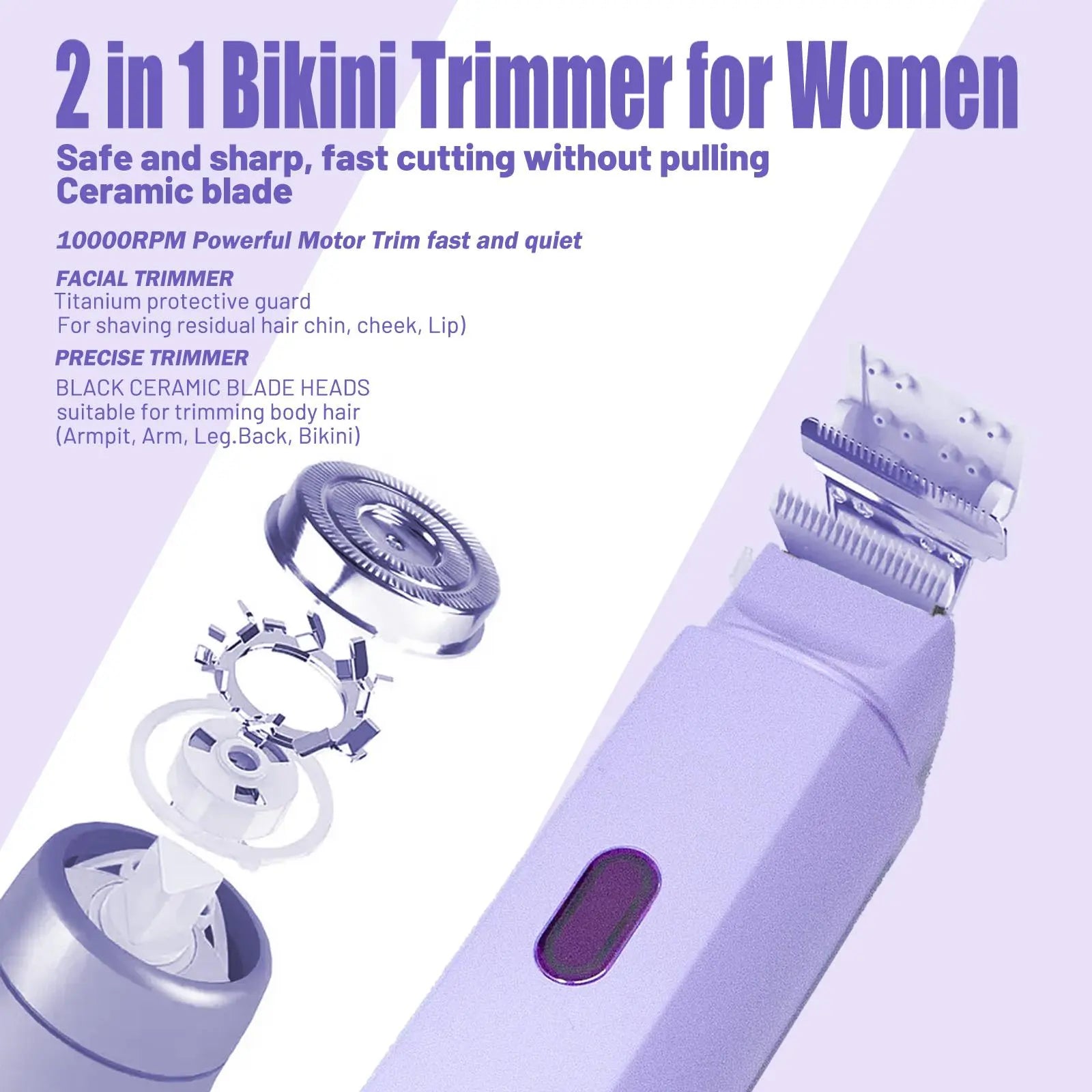 Gamstory Bikini Trimmer for Women, Electric Shaver and Razor Rechargeable 2-In-1 Body and Facial Epilator, Dual Heads for Painless Trimming of Pubic Hair, Face, Underarms and Legs, IPX7 Waterproof. Christmas Gift New Year Gift Shaving Grooming