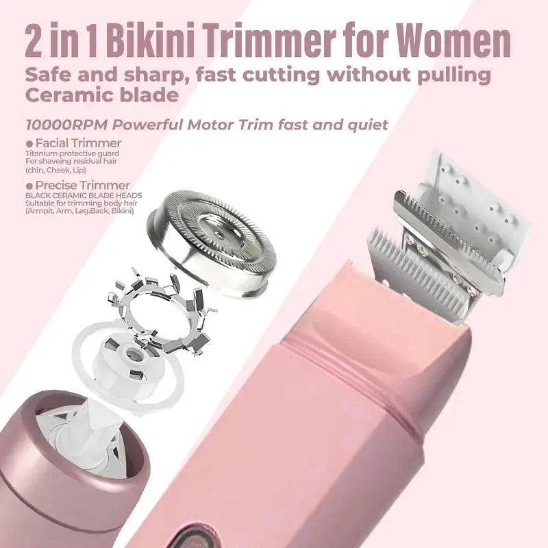 Gamstory Bikini Trimmer for Women, Electric Shaver and Razor Rechargeable 2-In-1 Body and Facial Epilator, Dual Heads for Painless Trimming of Pubic Hair, Face, Underarms and Legs, IPX7 Waterproof. Christmas Gift New Year Gift Shaving Grooming