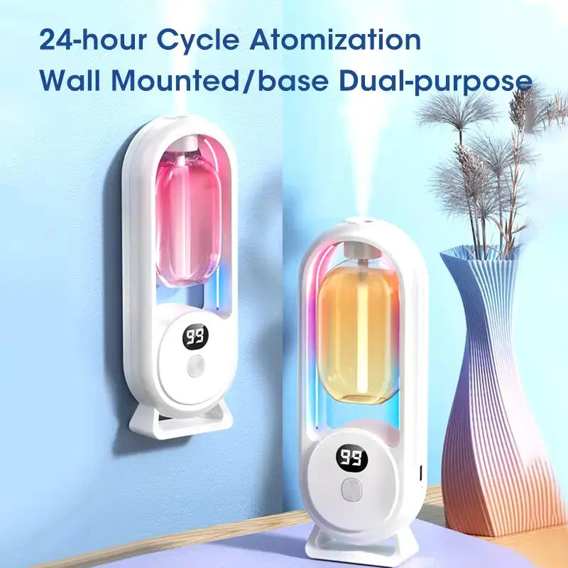 MREGB Smart Essential Oil Diffuser Wall Mounted Automatic Fragrance Machine Home Room Deodorizer Aroma Scent Diffuser with Atmosphere Light USB Powered Hotel Spray Perfume Dispenser Bathroom Odor Eliminator 5-Speed Digital Display Summervibes